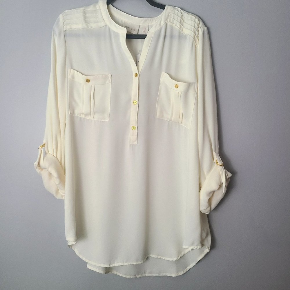 NWT Chicos Ivory Chiffon Button Down Roll Sleeve Pocket Front Blouse - 3 (XL16)